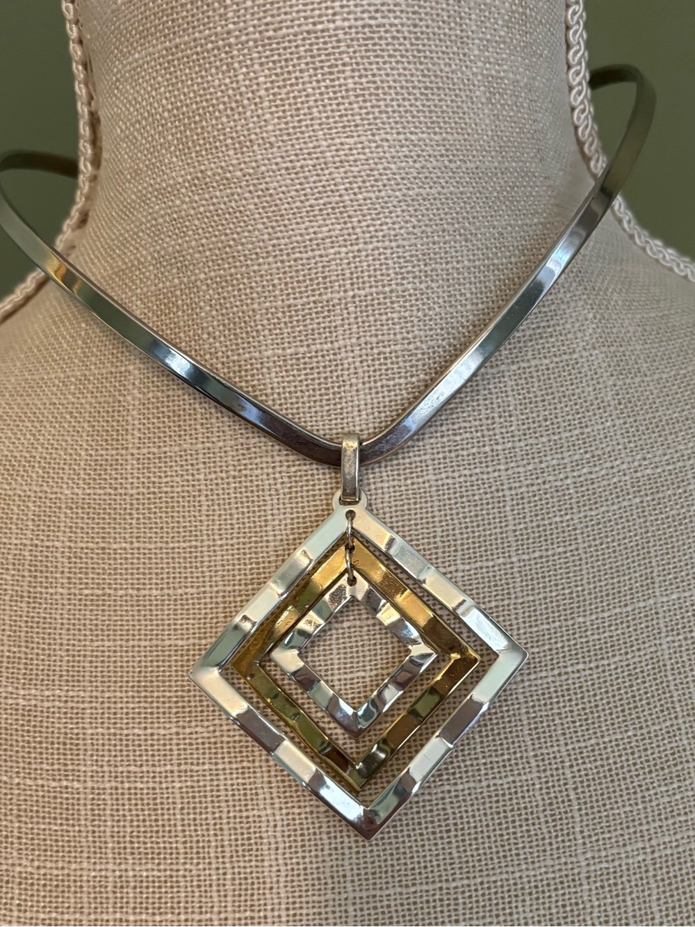 Art House Designed Two-Tone Geometric Square Pendant Necklace - Silver & Gold
